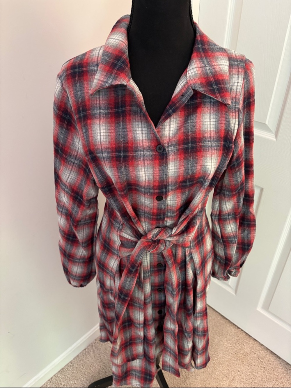 Plaid Button-Front Shirt Dress with Waist Tie - Red/Black/White - Picture 2 of 4